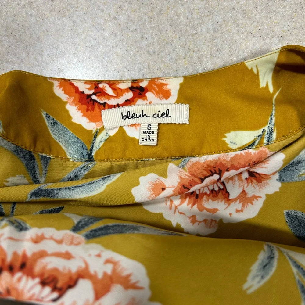 Blueh Ciel Mustard Gold Floral Long Belted Slinky Kimono Robe Boho Hippie sz S - Picture 4 of 5